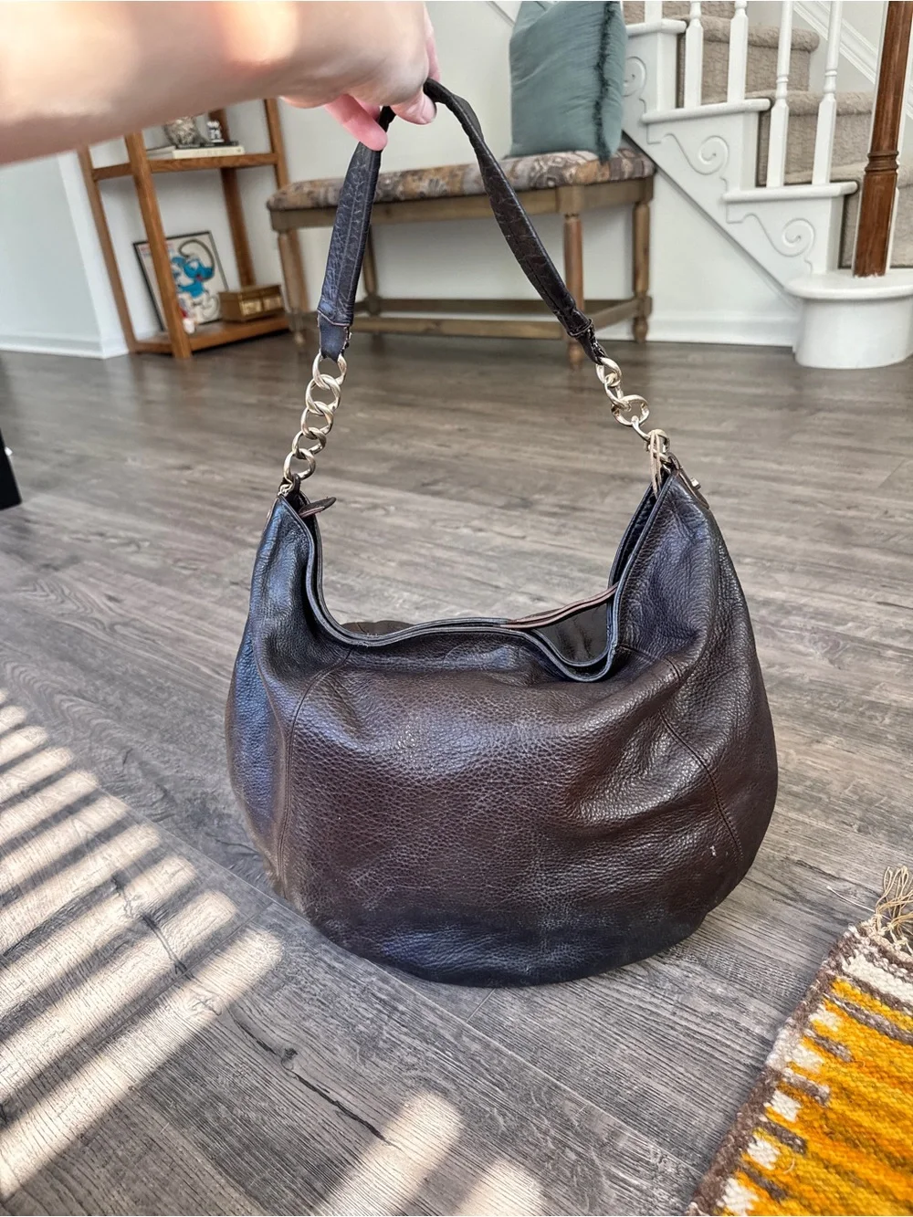 Liz Claiborne Dark Brown Pebbled Leather Hobo with Gold Chain Accent